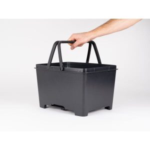 CARRY AVS Box with Carry Handles – Black – Versatile Bike Basket with Secure AVS Mount – Blue Door Bicycles 5 Close-up of locking carry handles on CARRY AVS Box in black