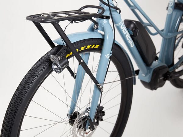 Columbia Road Large Electric Bike Blue Front View with Rack and LED Light