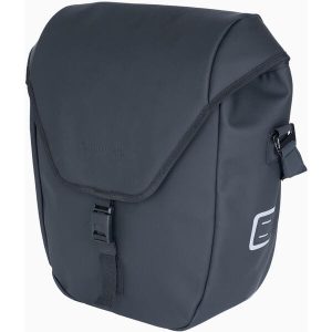 COMMUTER Waterproof Triple-X Pannier Bag – Black – 25L Durable Weatherproof Cycling Backpack – Blue Door Bicycles 4 Front view of COMMUTER Waterproof Triple-X Pannier Bag in black mounted on pannier rack