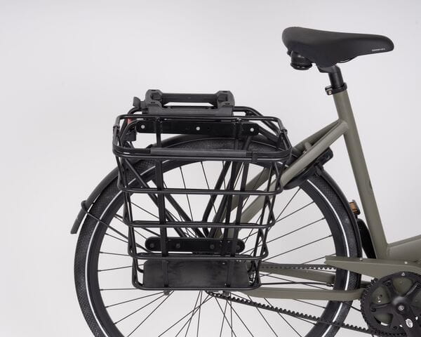 Rear view of EPIC SIDE Triple-X 26L basket mounted on bike rack