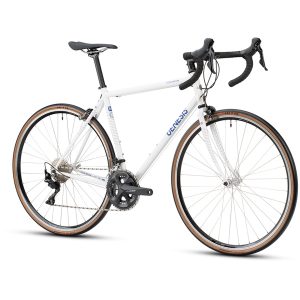 Equilibrium Large Steel Road Bike – Lightweight Reynolds 725 Frame, Classic Design (White) 5 Equilibrium Large Steel Road Bike White front view with handlebars