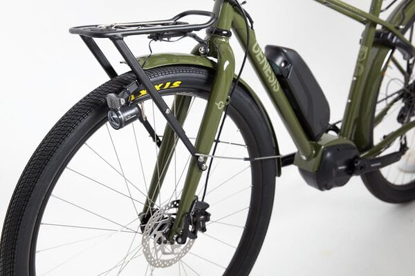 Genesis Smithfield Large Green E-Bike front angle with rack