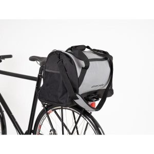 Pulse AVS Duffle Bag – Black/Reflective – 36L Spacious Water-Resistant Travel & Gym Bag – Blue Door Bicycles 6 Pulse AVS Duffle Bag mounted on bike using AVS system
