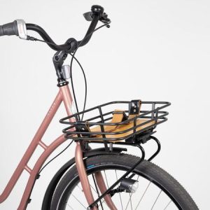Retro Bike Basket with Adjustable Buckles and AVS Mounting System - 8 Litre, Bamboo Base, Black - Perfect for Easy Bike Rides 6 Retro Bike Basket 8L mounted on front rack of bicycle