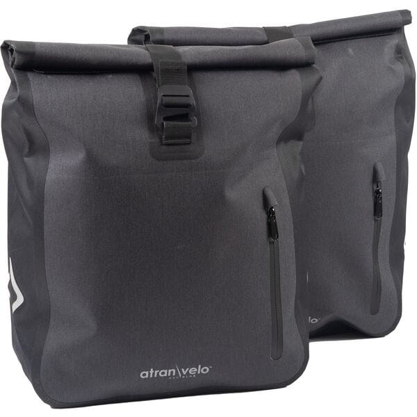 Front view of Waterproof TRAVEL AVS Side Panniers in black with front pocket