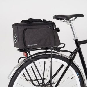 ZAP Top AVS Bag with Mini-Panniers – Black – Expandable 18.5L Durable Bike Bag – Blue Door Bicycles 7 Rear view of ZAP Top AVS Bag with Mini-Panniers in black mounted on bike